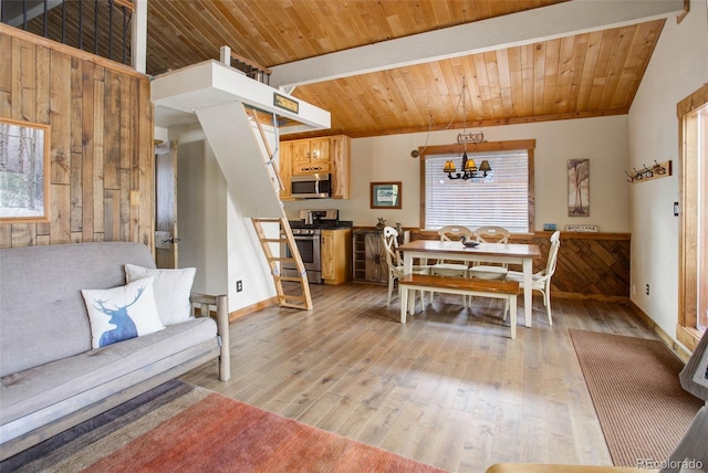 dining space with wood walls, an inviting chandelier, lofted ceiling with beams, and light hardwood / wood-style floors