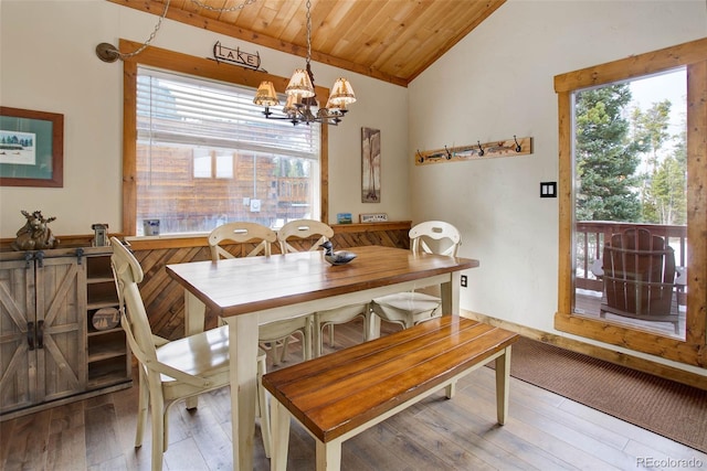 dining room with vaulted ceiling, an inviting chandelier, wood-type flooring, and wooden ceiling