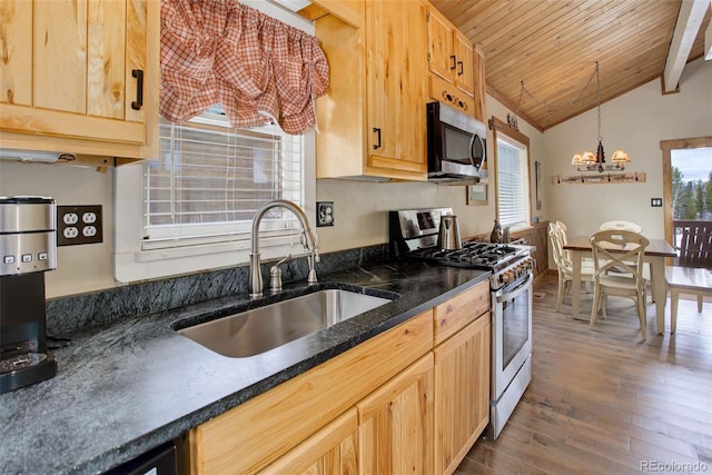 kitchen featuring stainless steel appliances, sink, light brown cabinets, vaulted ceiling with beams, and dark hardwood / wood-style floors