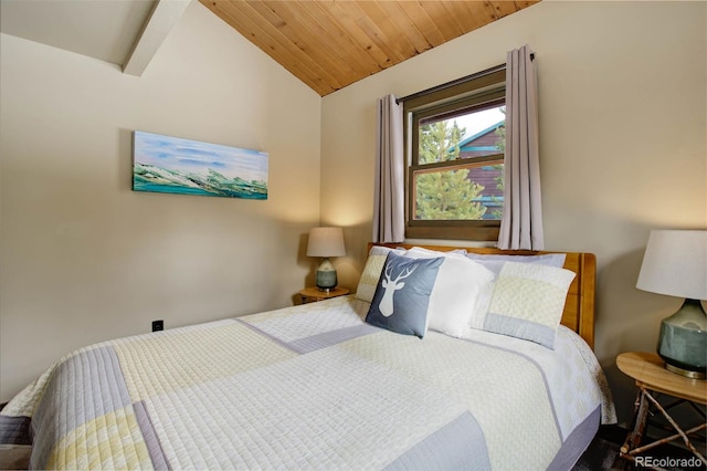 bedroom with wooden ceiling and lofted ceiling