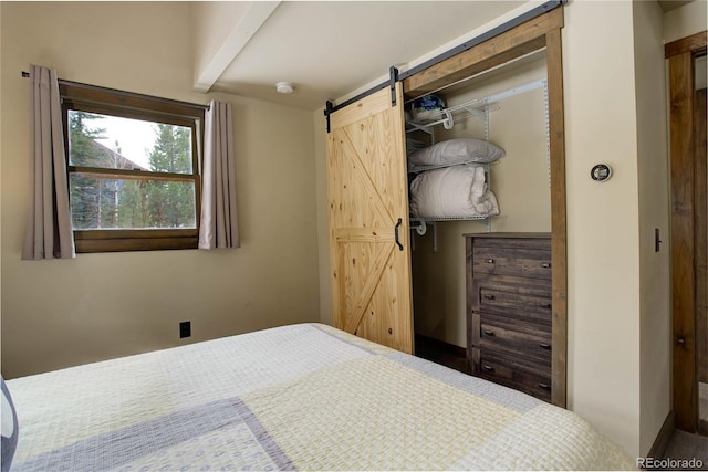 bedroom with a barn door and a closet