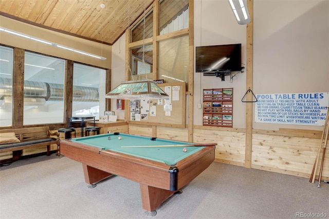 recreation room featuring wood ceiling, light colored carpet, wooden walls, high vaulted ceiling, and billiards