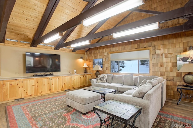 living room featuring vaulted ceiling with beams, wood walls, dark hardwood / wood-style flooring, and wood ceiling