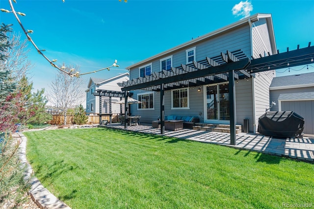 back of house with a pergola, a patio area, and an outdoor hangout area