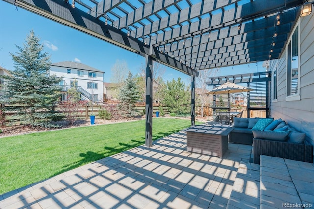 view of patio / terrace featuring a pergola and outdoor lounge area