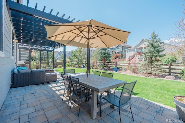 view of patio featuring outdoor lounge area, outdoor dining space, and a pergola