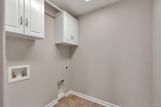laundry area featuring cabinet space, baseboards, hookup for an electric dryer, and washer hookup