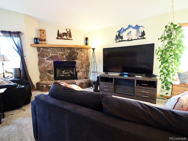 living room with a fireplace and carpet flooring