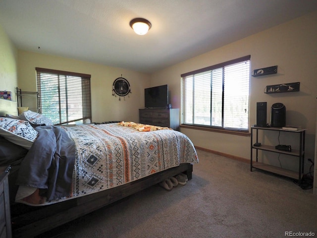 carpeted bedroom featuring multiple windows and baseboards