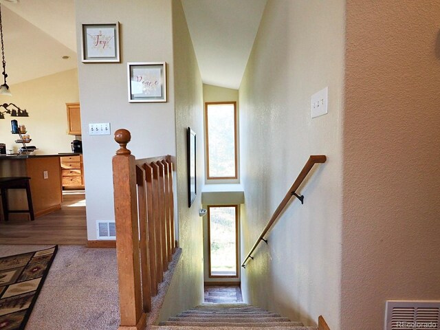 stairs with high vaulted ceiling and carpet