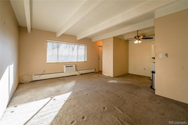 carpeted spare room featuring a textured ceiling, a wall unit AC, ceiling fan, beam ceiling, and a baseboard radiator