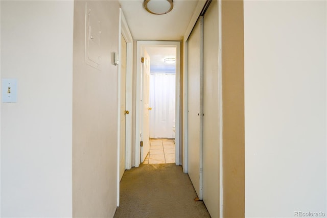 hallway with light colored carpet