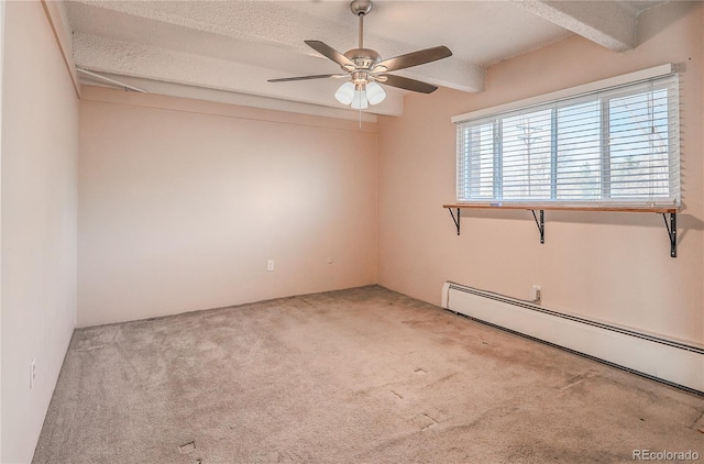 unfurnished room featuring a baseboard heating unit, ceiling fan, a textured ceiling, beam ceiling, and light colored carpet