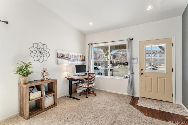 office with carpet floors, recessed lighting, and baseboards