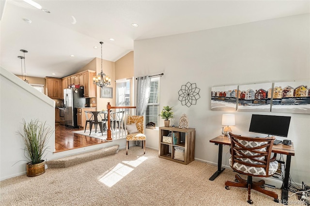 carpeted office featuring vaulted ceiling, recessed lighting, a chandelier, and baseboards