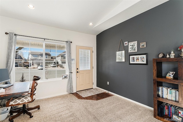 carpeted entrance foyer featuring recessed lighting and baseboards