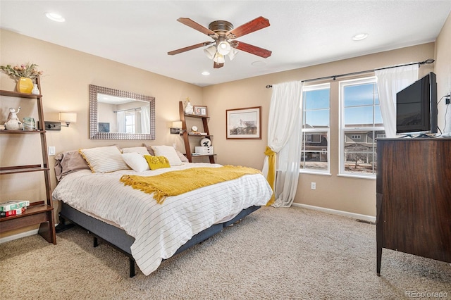 bedroom featuring ceiling fan, recessed lighting, carpet flooring, and baseboards