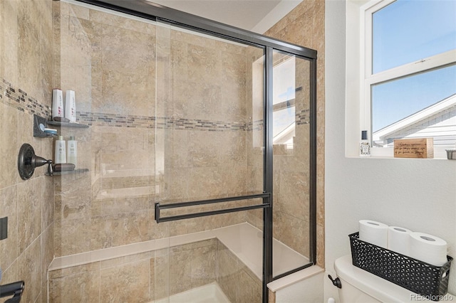 bathroom featuring a shower stall and toilet