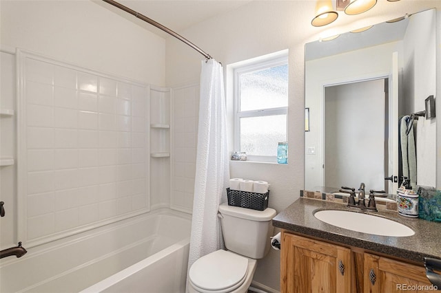 bathroom with vanity, toilet, and shower / tub combo with curtain