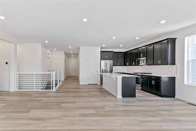 kitchen featuring sink, stainless steel appliances, backsplash, a center island with sink, and light wood-type flooring