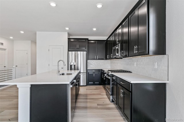 kitchen featuring backsplash, a kitchen island with sink, sink, light wood-type flooring, and appliances with stainless steel finishes