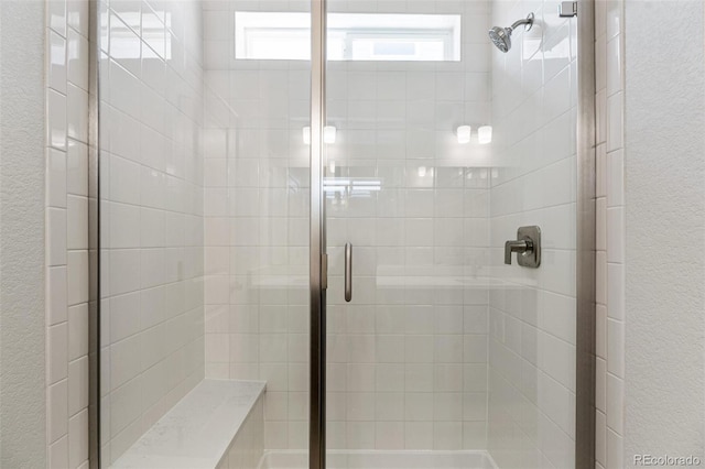 bathroom featuring a shower with door