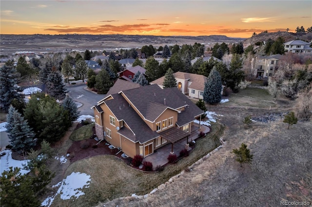 view of aerial view at dusk