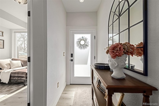 doorway to outside with light wood-type flooring