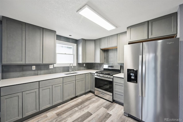 kitchen featuring sink, light hardwood / wood-style flooring, a textured ceiling, gray cabinets, and appliances with stainless steel finishes