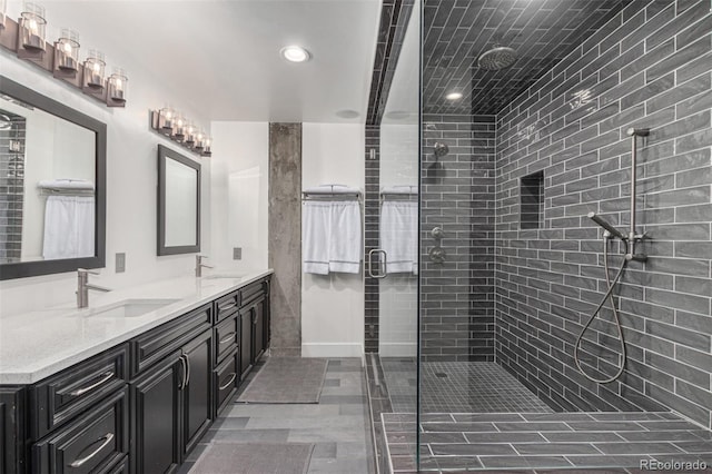 1735 19th St Unit 6D, Denver, CO 80202 - full bath with a stall shower, double vanity, and recessed lighting