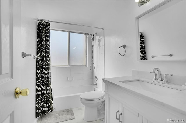 bathroom featuring toilet, marble finish floor, vanity, and shower / bathtub combination with curtain