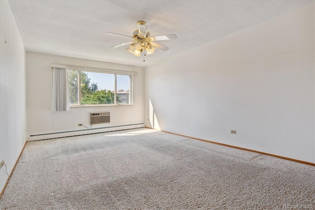 carpeted spare room with a textured ceiling, ceiling fan, and baseboard heating