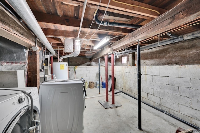 unfinished basement with water heater and washer and clothes dryer