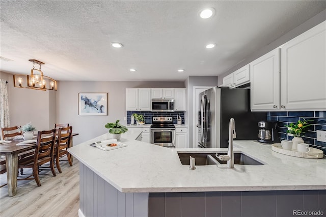 kitchen with light wood finished floors, stainless steel appliances, decorative backsplash, a peninsula, and white cabinetry