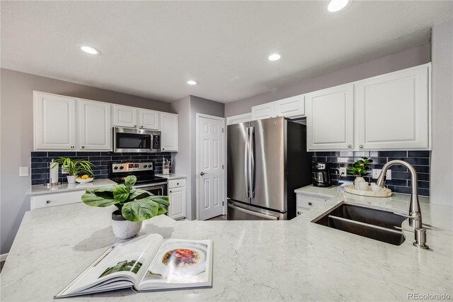 kitchen featuring tasteful backsplash, light stone countertops, stainless steel appliances, and a sink