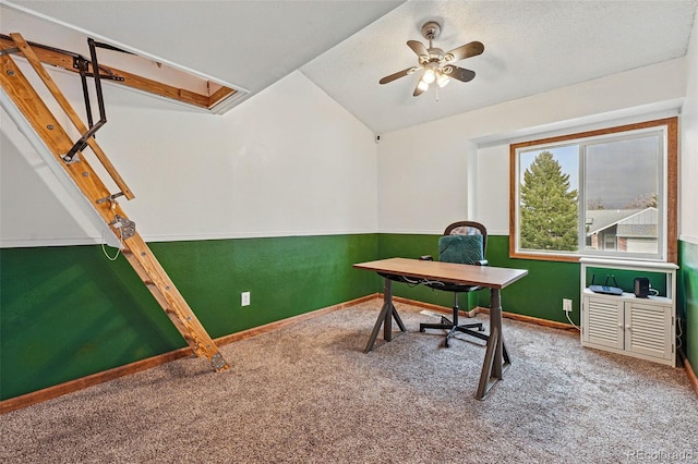 3593 S Gibralter Cir, Aurora, CO 80013 - carpeted office with baseboards, a ceiling fan, and lofted ceiling
