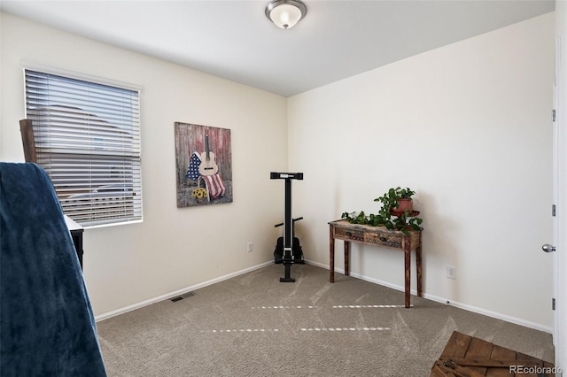 miscellaneous room with visible vents, carpet floors, and baseboards