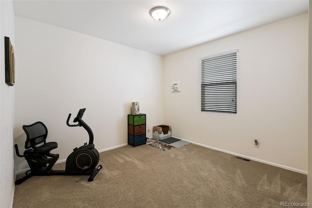 workout area featuring visible vents, baseboards, and carpet