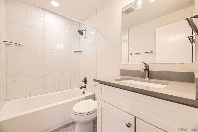 full bath featuring toilet, vanity, shower / bath combination, and recessed lighting