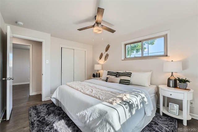 1926 S Yates St, Denver, CO 80219 - bedroom featuring dark wood-style floors, a closet, and a ceiling fan