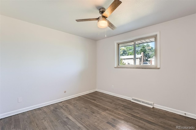 1926 S Yates St, Denver, CO 80219 - unfurnished room with dark wood-style flooring, ceiling fan, and baseboard heating