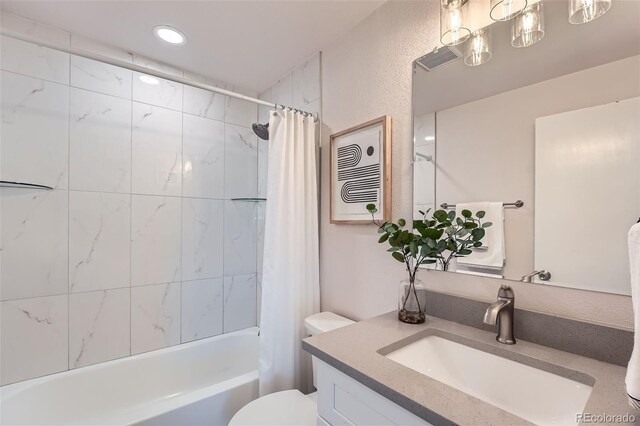 1926 S Yates St, Denver, CO 80219 - full bathroom featuring vanity, shower / bath combination with curtain, and recessed lighting