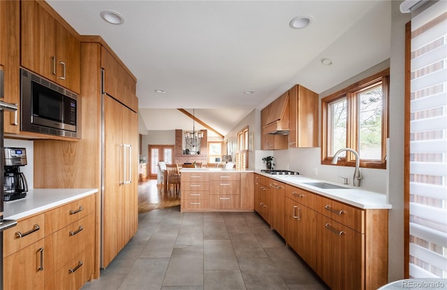 kitchen with appliances with stainless steel finishes, a healthy amount of sunlight, a sink, and a peninsula