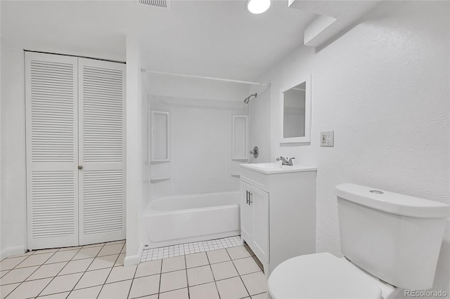 full bathroom with tile patterned floors, vanity,  shower combination, and toilet