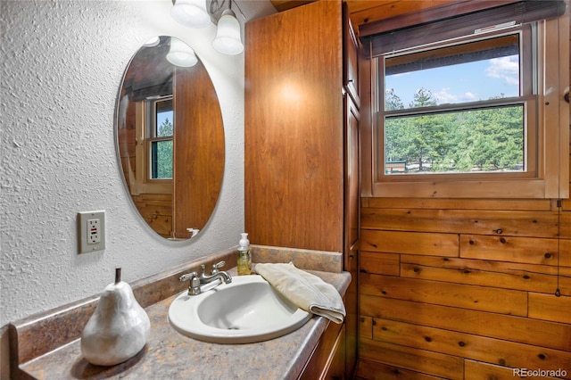 bathroom with a textured wall and vanity