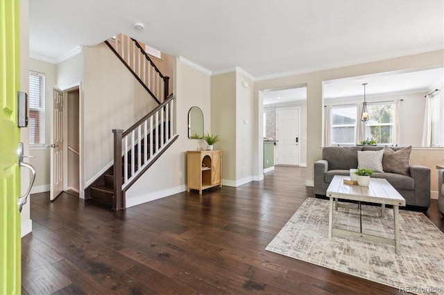 2857 Xanthia Ct, Denver, CO 80238 - living area with ornamental molding, stairway, dark wood finished floors, and baseboards
