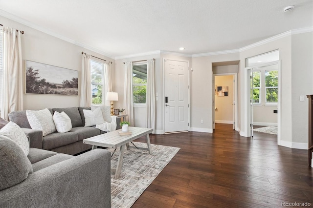 2857 Xanthia Ct, Denver, CO 80238 - living area with healthy amount of natural light, dark wood-style flooring, crown molding, baseboards, and recessed lighting