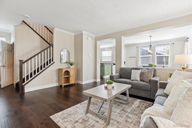 2857 Xanthia Ct, Denver, CO 80238 - living area featuring crown molding, wood finished floors, stairway, baseboards, and a chandelier