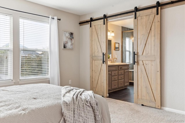 2857 Xanthia Ct, Denver, CO 80238 - bedroom with a barn door, dark carpet, ensuite bath, baseboards, and a sink