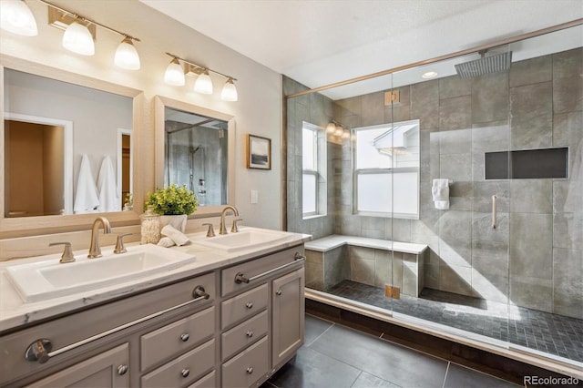 2857 Xanthia Ct, Denver, CO 80238 - full bath with tile patterned flooring, a stall shower, and double vanity